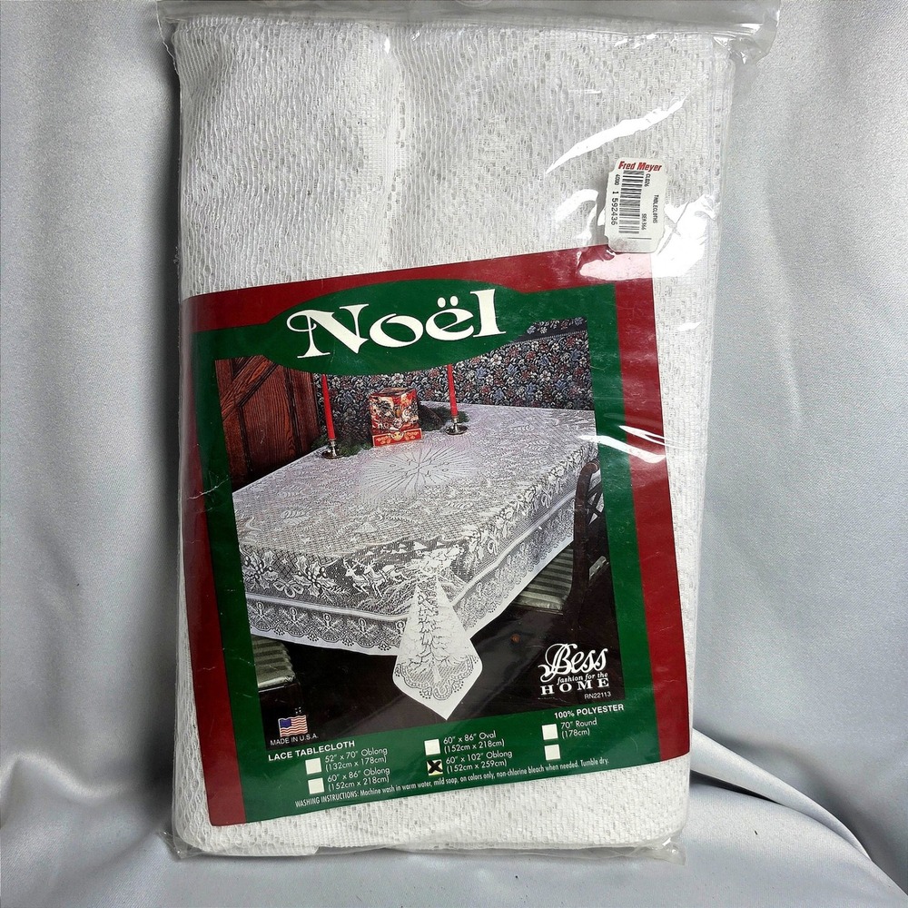 Vintage Bess Noel White Lace Christmas Tablecloth 60x102 Oblong Reindeer 1980